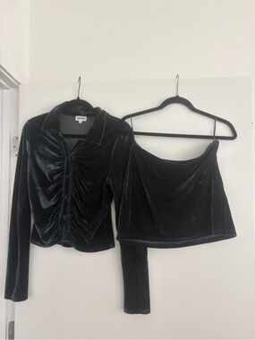 superdown Black Velvet Ruched Button-Up Top and Cami Set